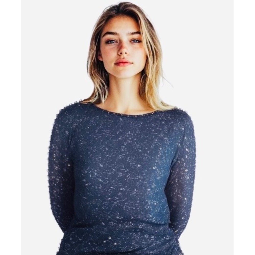 Como Vintage Silver Foil Print Top Women XXL Navy Openwork Sleeves Dressy Party